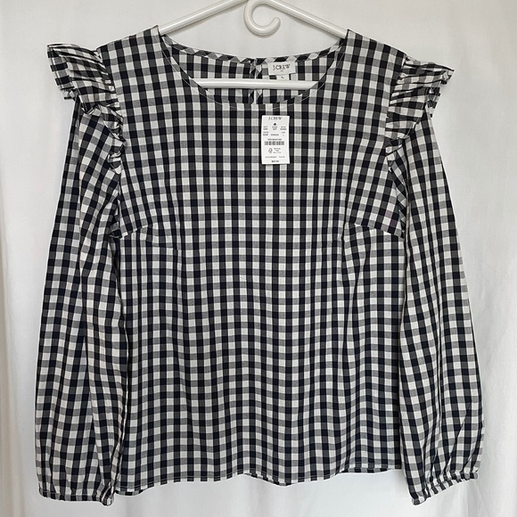 J Crew Gingham Long Sleeve Ruffle Shoulder Top Large - Picture 1 of 7